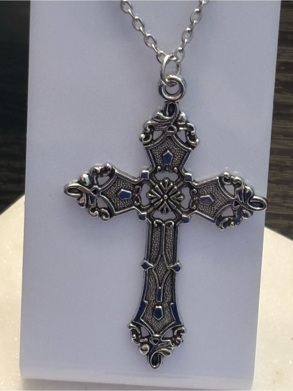 Silver Tone Gothic Cross Pendant Necklace, Blue Enamel Inlay, Fleur-de-Lis Ends,
